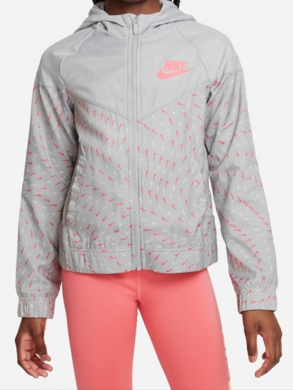 Nike Windrunner Hooded Jacket Swoosh Print Gray Orange Size XL Youth